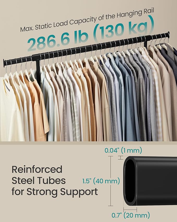 SONGMICS Clothes Rack with Wheels, Heavy-Duty Garment Rack with Extendable Hanging Rod, 286.6 lb Load Capacity, 17.7 x (43.3-59.1) x 64.1 Inches, Chrome-Plated, Matte Black UHSR011B01