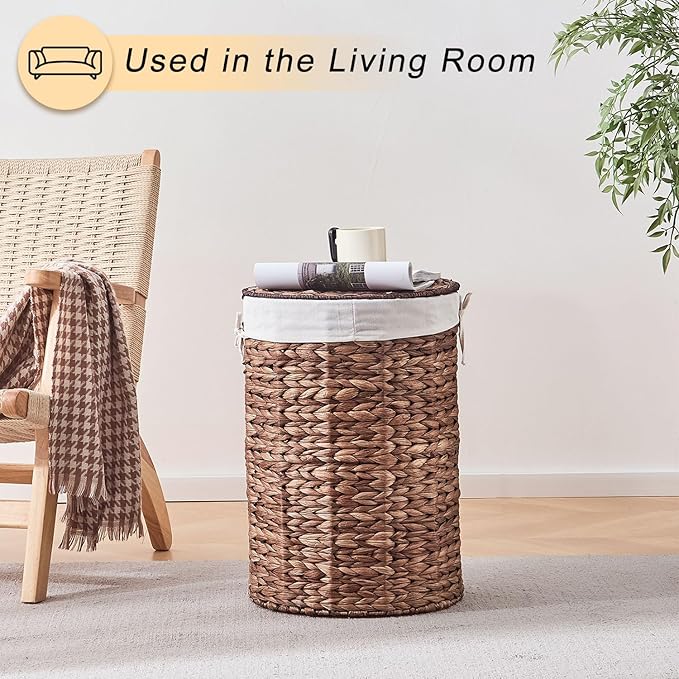 Round Water Hyacinth Laundry Hamper with Lid Handwoven Wicker Basket with Handles for Dirty Clothes, Storage, and Organization Ideal for Bedroom, Bathroom, and Laundry Room, No Assembly Required, 60L