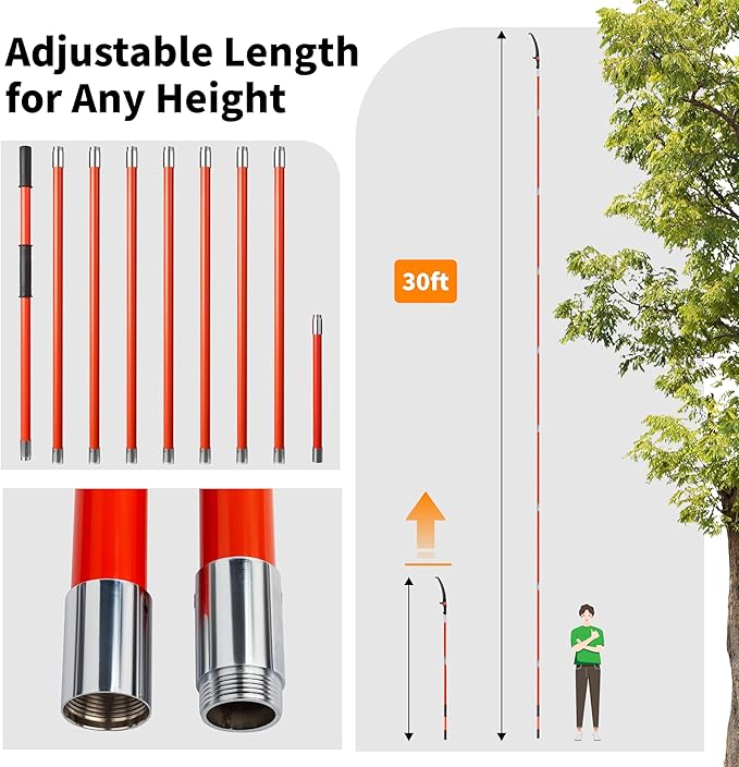 VINGLI 30ft Manual Pole Saws for Tree Trimming, Extendable Tree Trimmers Long Handle Pruner, Sharp Steel Blade and Scissors with Lightweight 9 Fiberglass Handles for Pruning Palms and Shrubs