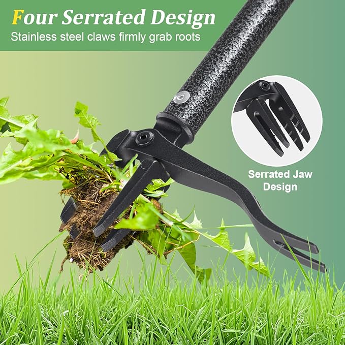 60” Stand Up Weed Puller Tool with Long Handle Reinforced 4-Claw Metal Head Manual Weeders Picker for Removing Dandelion Crabgrass from Garden Yard Lawn Without Bending or Kneeling