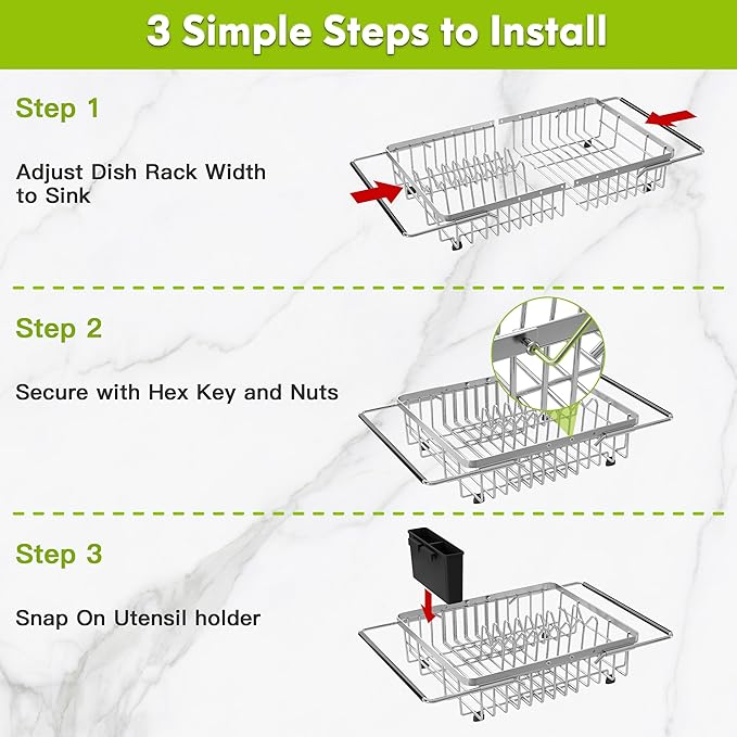 JASIWAY Dish Drying Rack in Sink, Expandable Stainless Steel Dish Drainer for Kitchen Sink, Dish Strainer Rack, Retractable Over Sink Dish Rack with Utensil Holder, 13.4''~16.9''D x 12.2''W, Silver