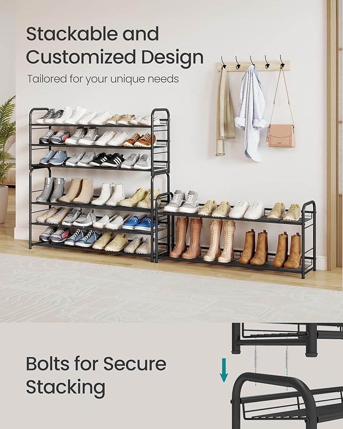 SONGMICS Stackable Shoe Rack, 4 Tier Metal Shoes Rack Storage Shelf, Holds up to 20 Pairs, Adjustable Slanted Shelves Tower Organizer for Closet Entryway Small Spaces, Black ULMR107BD01