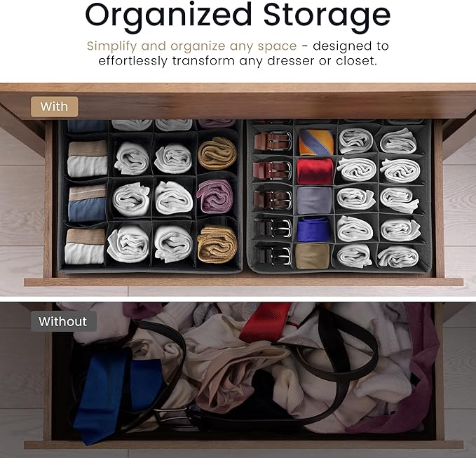 Reli. Sock Organizer (4 Pack) | 16+24 Cell Underwear Organizer | Drawer Dividers for Underwear, Socks, Ties, Belt | Foldable Fabric Storage Bins for Drawer, Closet, Dresser | 11.8 x 11.8 x 3.5 (Gray)