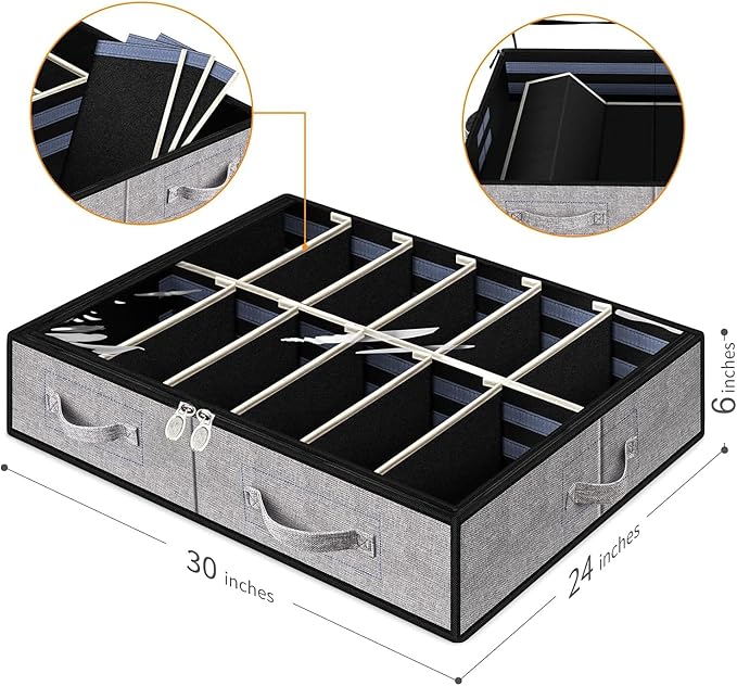 Under Bed Shoe Storage Organizer, Set of 2, Underbed Shoes Container with Adjustable Dividers, Fits 24 Pairs, Gray