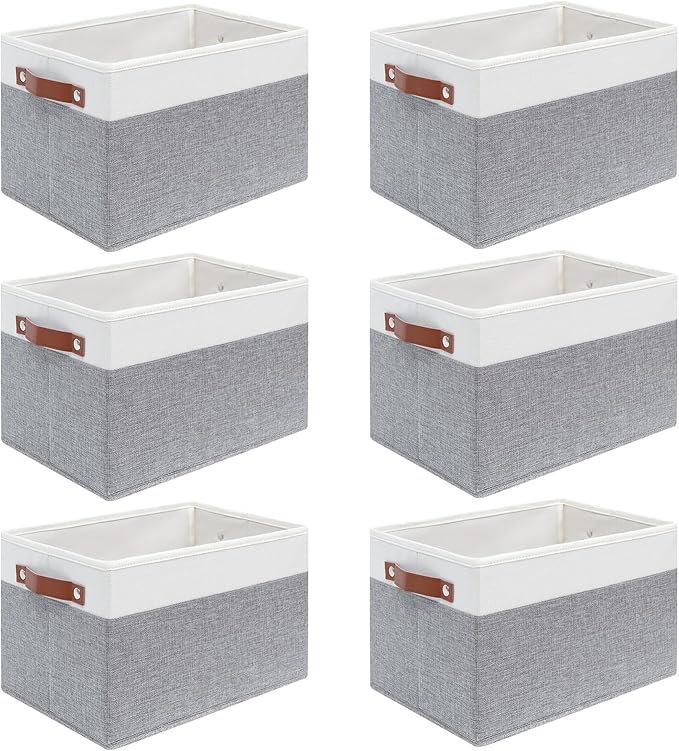 6 Pack Fabric Storage Baskets for Shelves, Closet Storage Bins for Shelves, Fabric Baskets for Organizing with Handles for Home and Office (White with Grey,15"L*10.2"W*9"H)