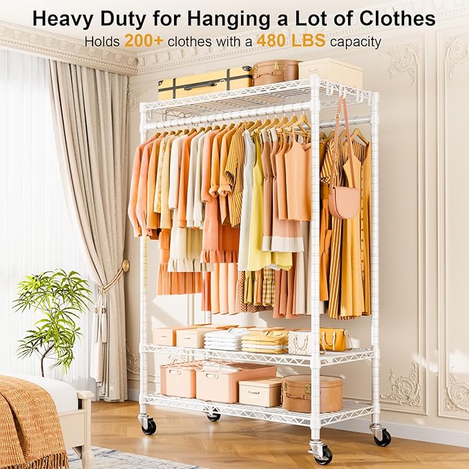 ULIFHOME P7 Rolling Clothes Rack, Clothing Racks for Hanging Clothes, Heavy Duty Garment Rack with Wheels, 3 Tiers Freestanding Portable Closet Rack 45''W × 20.5''D × 80.5''H, Max Load 480 lbs, White
