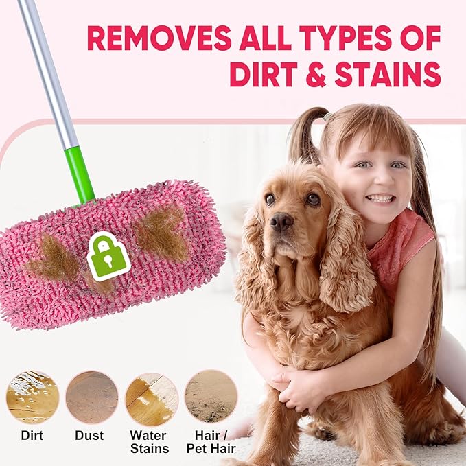 6 Pack Reusable Mop Pads Compatible with Swiffer Sweeper, Chenille Mop Refill Pads, Dry & Wet Mopping Cloths for Floor Cleaning -Pink