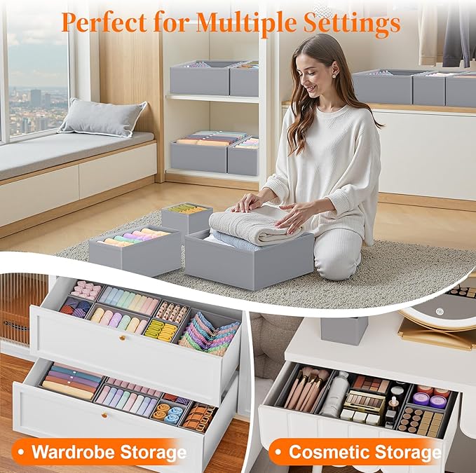 TasticTotes Drawer Organizer Clothes, 16 Pack Drawer Organizers and Underwear Organizer for Nursery, Dividers Clothes Organizer, Closet Organization and Foldable Storage Bins for Socks, Bra, Tie, Grey