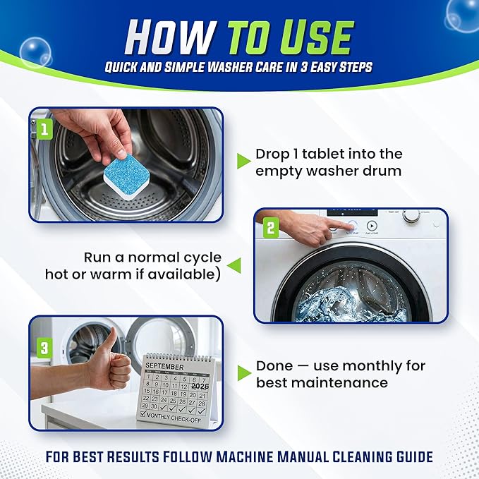 Washing Machine Cleaner Tablets 25 Pack – Rinses Away Pet Hair Trapped by Residue & Buildup, Compatible with Front Load, Top Load & HE Washers, Reaches Drum, Seal, Hoses & Pipes for Deep cleaning