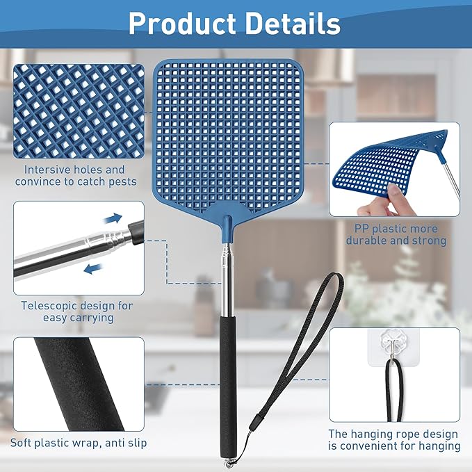 Telescopic Fly Swatters 2 Pack, Upgrade Plastic Flyswatter, Fly Swatter Heavy Duty for Indoor, Outdoor, Classroom, Stainless Steel Handle（Black, Blue）