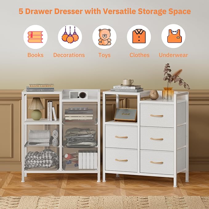 Furnulem 5 Drawer White Dressers for Bedroom 2 Tier Shelf Storage Small Fabric Dresser for Closet Sturdy Metal Frame Modern Style Storage Cabinets Organization Units for Hallway Rooms