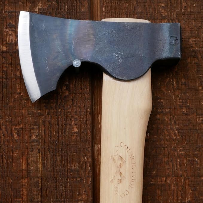 COUNCIL TOOL Wood-Craft Camp Carver Axe - 1.7 lbs Bushcraft Axe with 22" Curved Hickory Handle & Leather Sheath - WC17CCA22S
