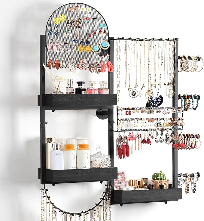 Keebofly Wall Mount Hanging Jewelry Organizer - Large Display Holder for Earrings, Rings, Necklaces, Bracelets, Watches and Perfume - Black