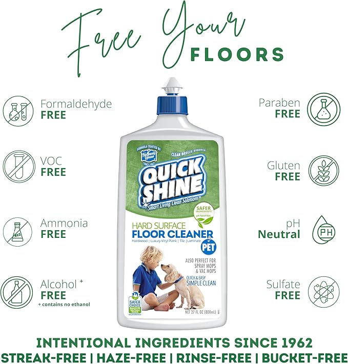 Quick Shine Hard Surface Pet Floor Cleaner 27 oz, 2Pk | Ready to Use, Removes Dirt, Streak Free, No Rinse | Hardwood, Laminate, Luxury Vinyl Plank LVT, & Tile | Safer for Kids, Pets & Our Environment