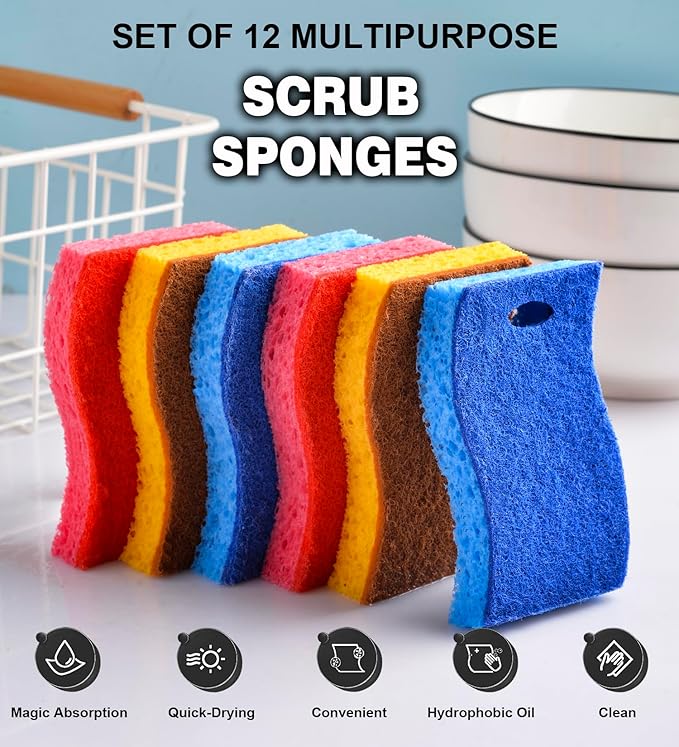 METUUTER 12-Count Scrub Sponges Kitchen Sponge Heavy Duty, Cellulose Sponges with Scouring Pads Dual-Sided for Kitchen and Household Use (S-Multi)