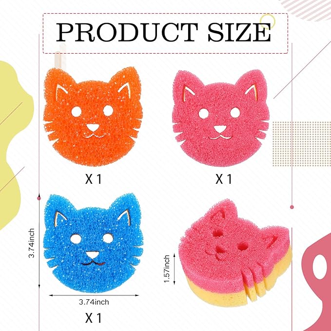 3 Pcs Dual Sided Scrub Sponge Multi Functional Cute Temperature Sensitive Non Scratch Dish Sponge for Washing Dishes Kitchen Bathroom(Cat,Pink, Orange, Blue)