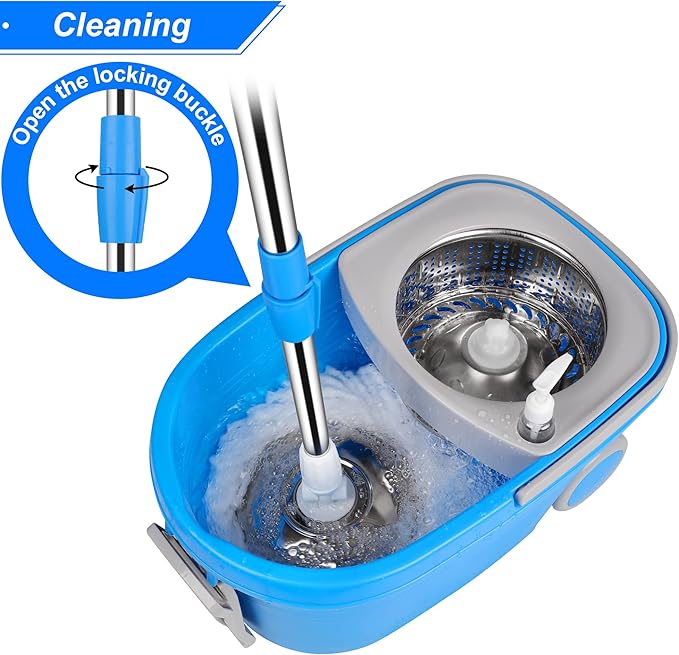 Spin Mop & Bucket, 360 Spinning Mop Bucket Kit, Stainless Steel Bucket Wringer Set, Plus 3 Replacement Head Refills, 360 Spinning Mopping System, 61" Extended Handle for Floor Cleaning (Blue)