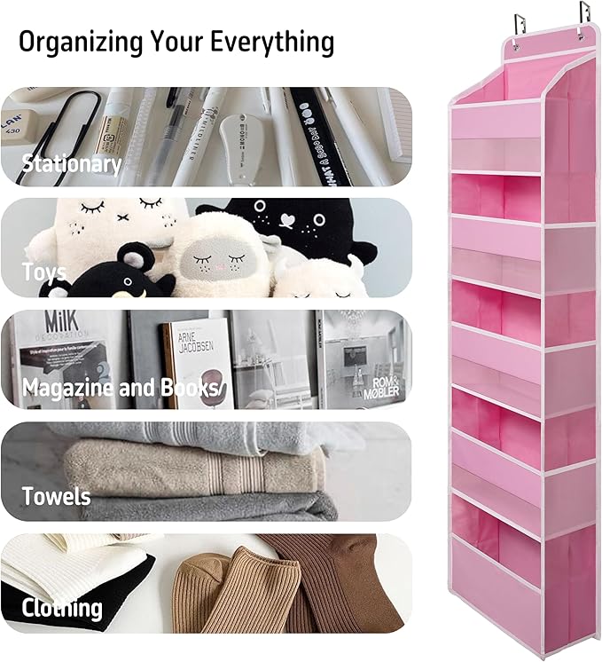 TYMENSH Over Door Organizer with 5 Large Pockets, Heavy Duty Hanging Organizer Storage, Closet Bathroom Nursery Bedroom Dorm, Toys Cosmetics Sundries and Baby Essentials, Pink