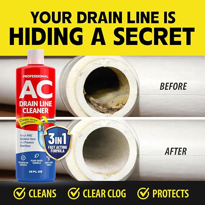 AC Drain Line Cleaner – Fast Acting Plant-Based Formula, Multi-Use HVAC Condensate & Air Conditioner Cleaning Liquid, Removes Buildup and Clears Clogged AC Lines, Up to 8 Uses, Made in USA, 16 oz