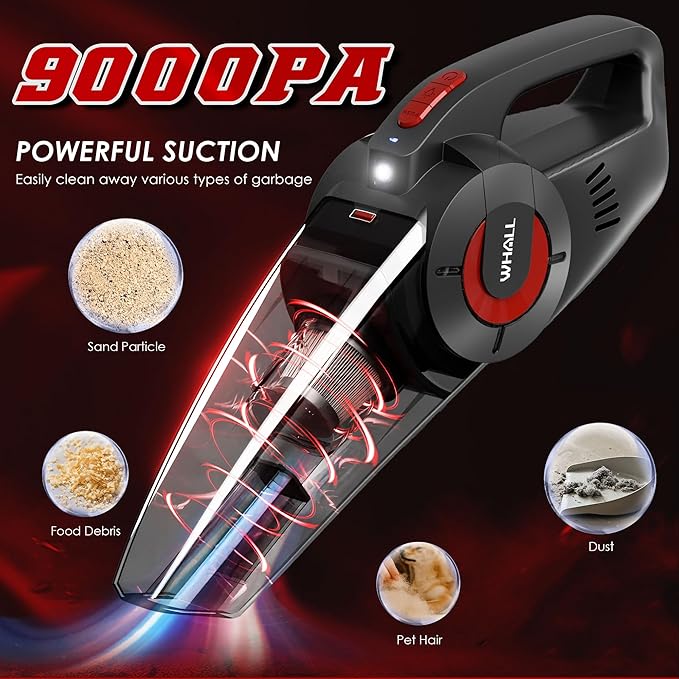Whall Handheld Cordless Car Vacuums, Wet and Dry Use 9000Pa Strong Suction Vacuums, Rechargeable Portable Vacuum Cleaner with LED, Charging Dock, Lightweight Mini Vacuum for Car, Home and Office,Red