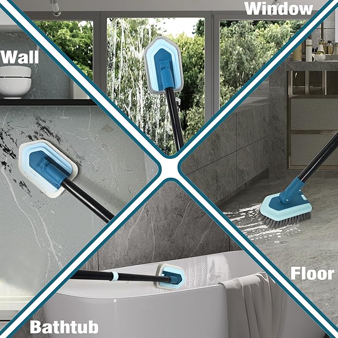 JEHONN Tub Tile Shower Scrubber Brush with Telescopic 51 inches Long Handle, 4 Different Cleaning Heads for Bathroom Bathtub Sink Floor Wall Baseboard (Blue)