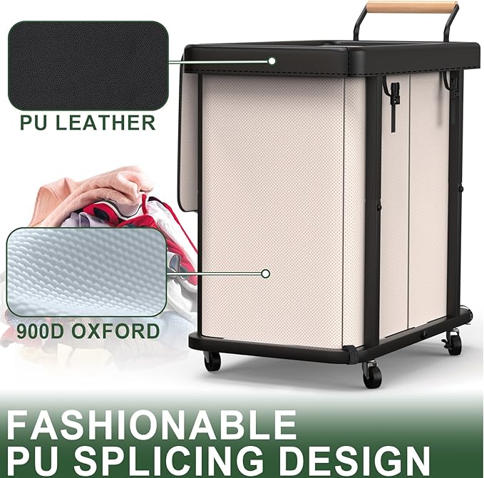 190L (50 Gal) Extra Large Fashion Laundry Hamper 2 Section with Lid, Rolling Laundry Basket Hamper with Handle, Laundry Organizer Storage Cart with Sturdy Metal Frame for Laundry Room, Hotel,White