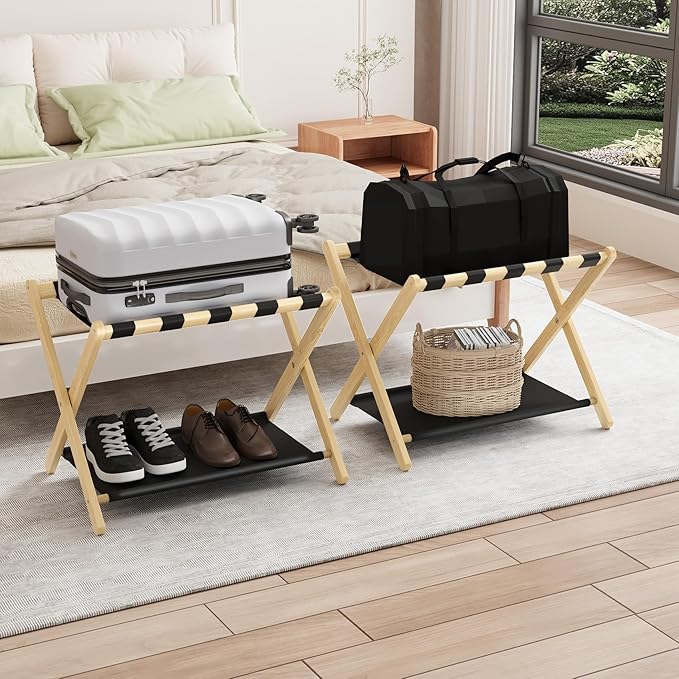 Smuxee Natural Bamboo Luggage Rack Pack of 2, Foldable Suitcase Stand with Storage Shelf, Easily Assembled Luggage Stand with 5 Nylon Straps for Guest Room Bedroom Hotel