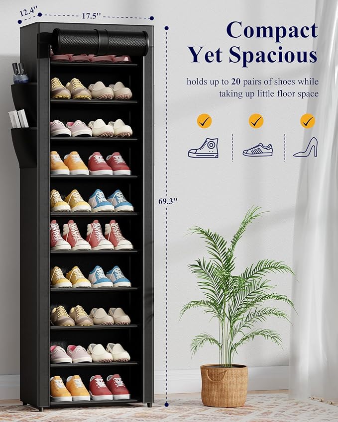 Kitsure Shoe Rack - 10-Tier Large Capacity Shoe Organizer Shelf with Dust Cover & Side Pockets, Rust-Proof Metal Shoe Rack for Closet, Entrance, Living Room, 17.5" x 12.4" x 69.3", Black