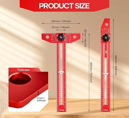 Saker Woodworking Scriber Marking Line Ruler, Adjustable Aluminum Alloy Sliding T-Square Ruler,Precision Line Drawing aid Ruler with Angle Adjustment Scale