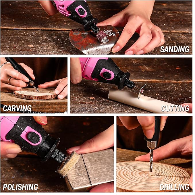 Rotary Tool Kit: DEKOPRO Power Hand Rotary Tools Mini for Wood/Metal, Electric Grinder Drill Machine Set with Flex Shaft for Carving, Cutting, Sanding, Grinding, Polishing, Engraving Pink