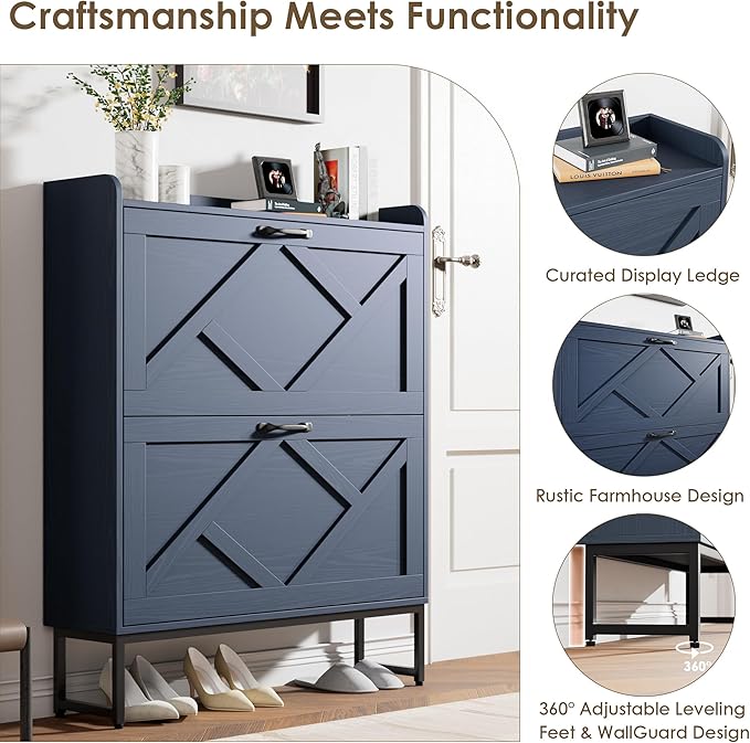 Nicetree Shoe Storage Cabinet, Shoe Cabinet with 2 Flip Drawers, Narrow Shoe Rack Cabinet, Farmhouse Slim Shoe Cabinet Storage for Entryway,Blue
