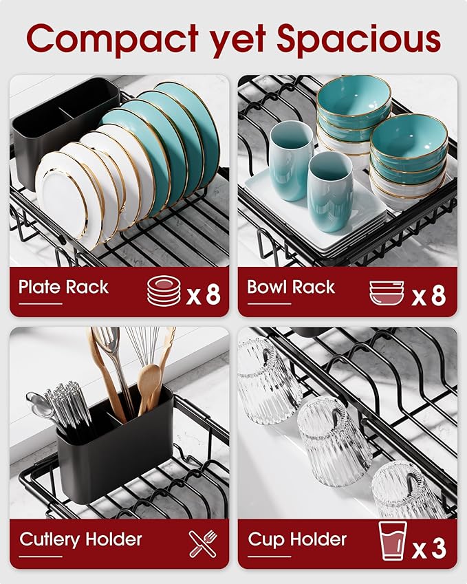 Sakugi Dish Drying Rack in Sink - Expandable Stainless Steel Dish Rack Over the Sink, Kitchen Sink Drain Strainer with Cutlery Holder & Cup Holders, 15.4 x 9.8 x 3.0 Inch, Black