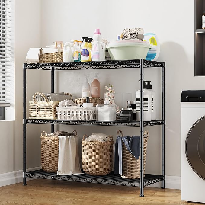 3- Shelf Metal Shelving Unit 35.6Wx14Dx36H,Adjustable Storage Shelves Heavy Duty Garage Steel Shelving for Office,Wire Rack Small Shelf for Kitchen Shelves Laundry Bathroom Pantry Closet Black,2pc