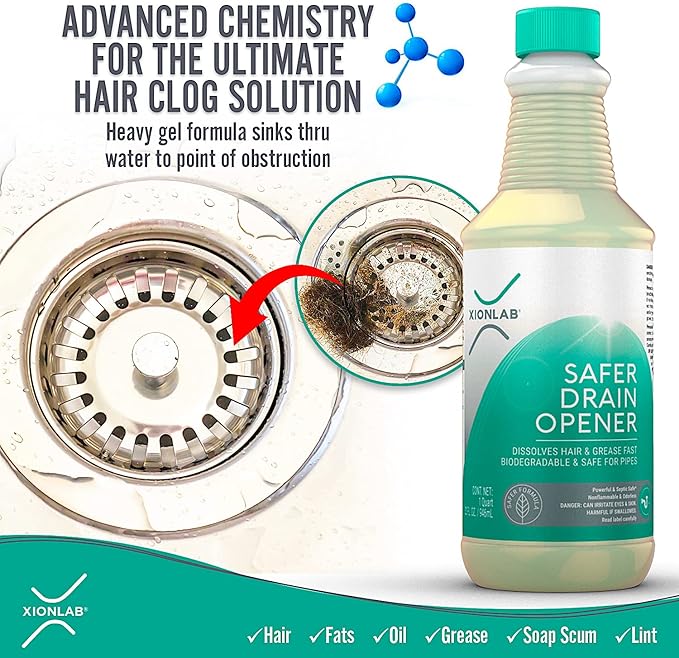 XionLab Safer, Greener Drain Clog Remover – Industrial-Strength Liquid Drain Cleaner for Hair & Grease – Septic Safe, Odorless, Biodegradable for Bathroom Sink, Bath Tub, & Shower Drain – 32 oz