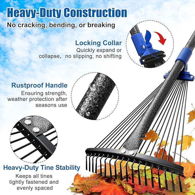 Rake for Leaves: Adjustable Metal Leaf Rake for Lawn, 8-17" Expandable Head, 65” Long Handle,Collapsible Heavy Duty Women Kids Garden Rakes for Yard Pine Needles Mulch Grass Debris Gardening Camping