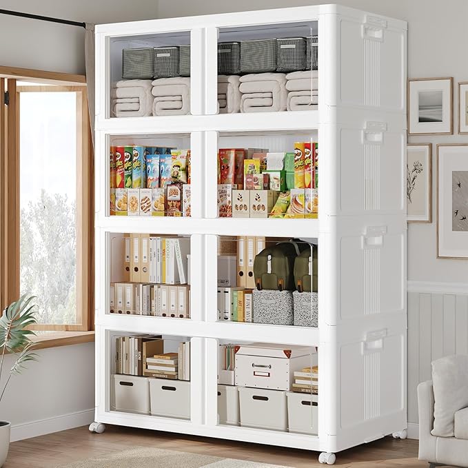 480Qt Stackable Storage Bins with Lid and Wheels, 120Gal Plastic Closet Organizer and Storage Drawer, Large Collapsible Storage Box Cabinet with Clear Door for Home Kitchen Office, 4Pack White