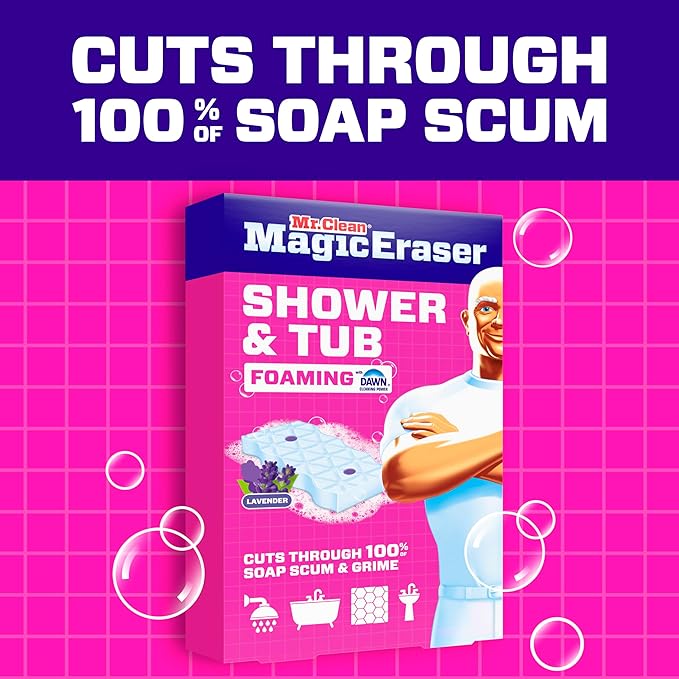 Mr. Clean Magic Eraser Sponge, Bathroom, Shower, Tub Cleaner, Soap Scum Remover, Bathroom Cleaning Supplies, Dawn Cleaning Power with Lavender Scent, Shower & Tub, 6ct