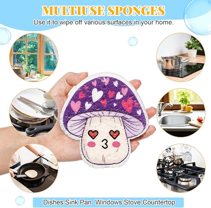 8 Pack Cute Kitchen Sponges Dish Set Compressed Non-Scratch Reusable Kitchen Cleaning Household Sponges for Dishes, Pans, Kitchen, Fruit, Plate, Bathroom(Mushroom)