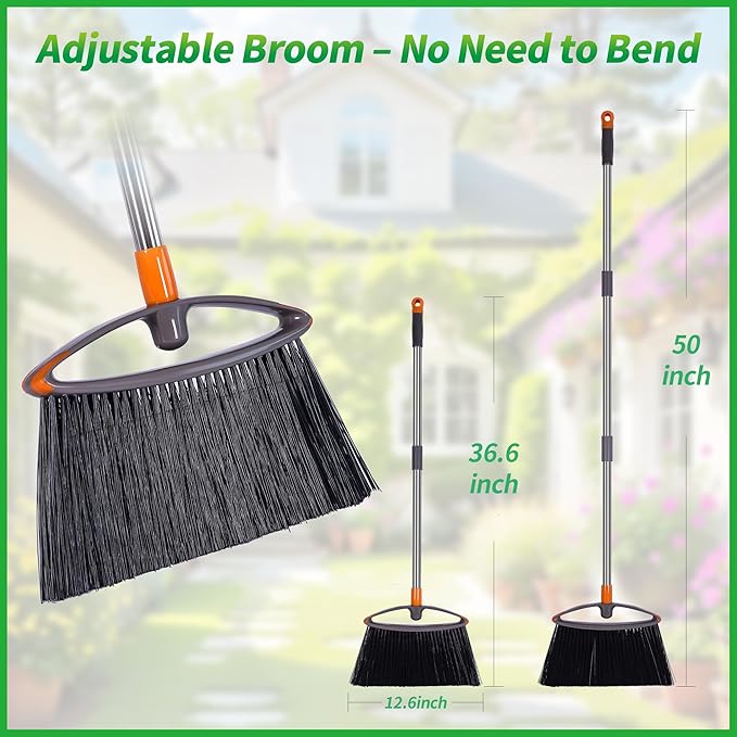 Still Bristle Broom to Sweep Snow, Heavy Duty Broom with Collapsible Handle, Ideal for Indoor Outdoor Hardwood Floors Kitchen Salon Camping Cat Pets Hair Home Room Office, Sturdy and Durable, Gray