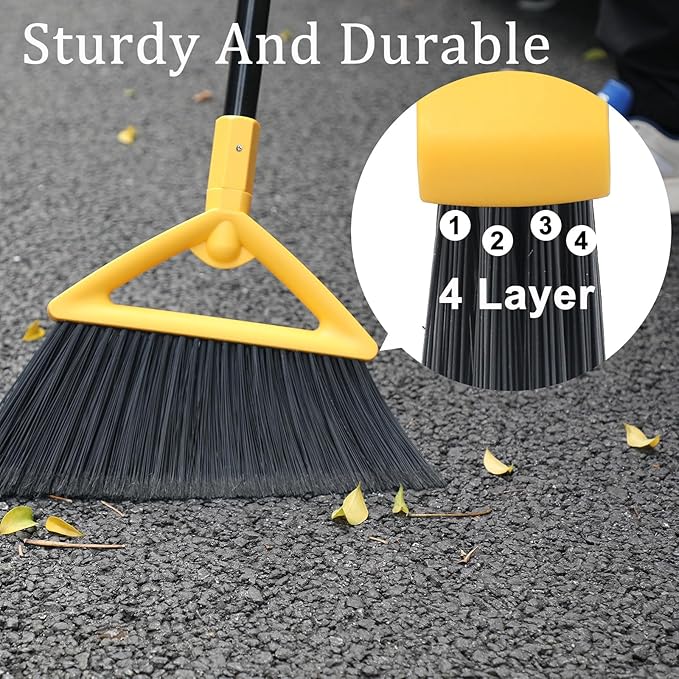 Heavy Duty Angle Broom - Yellow Broom for Outdoor & Indoor, Garage, Driveway, Sidewalk, Kitchen & More, Long Handle