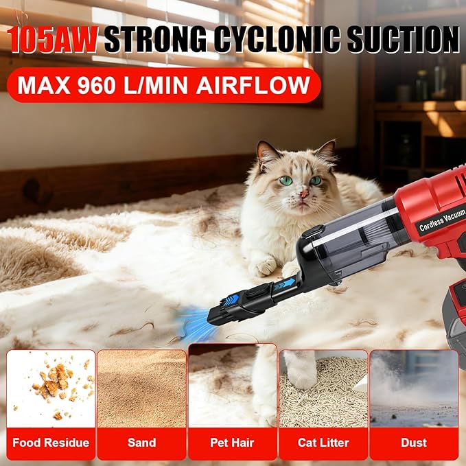 Cordless Vacuum Cleaner for Milwaukee M18 Battery, 105AW Brushless Handheld Vacuum with 3-Speed Control, LED Light, 4 Nozzles & 5 Filters, Portable Vacuum for Car Floor Home (No Battery)