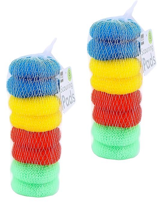 16-Pack Non-Scratch Nylon Scouring Pads – Durable Round Kitchen Scrubbers in 4 Colors – Safe for Non-Stick Cookware – 2.5" Diameter – Multi-Surface Cleaning Pads for Home, Kosher & Commercial Use