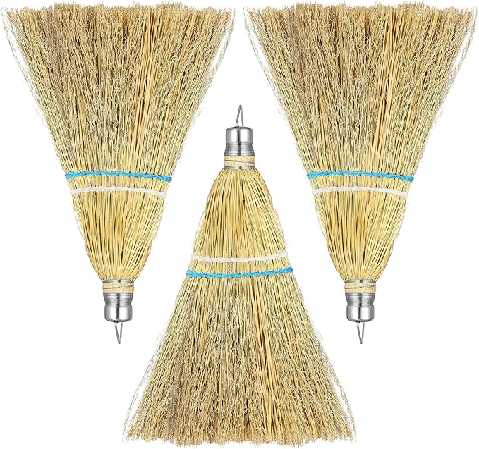 3 Pcs 12 Inch Whisk Broom Hand Held Handmade Mini Corn Broom Straw with a Solid Metal Hang Design for Multi Surface Sweeping Outdoor Car Porch Debris Dust Dirt Driveway Sidewalks Halloween