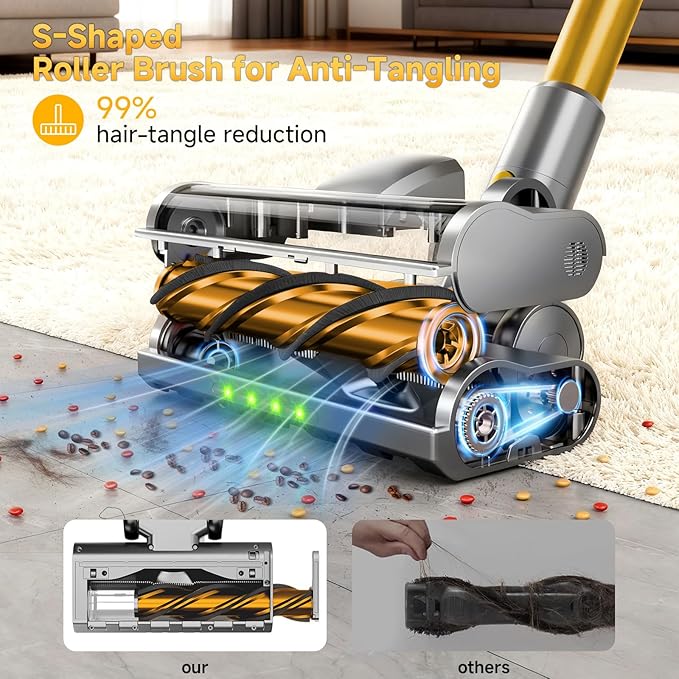 Shieal Cordless Stick Vacuum Cleaner - 45KPA Powerful Suction Vacuum with 45 Min Runtime, Detachable Battery, Anti-Tangle & 1.5L Dust Cup, 8 in 1 Vacuum Cleaner for Pet Hair, Carpet, HardFloor, Yellow
