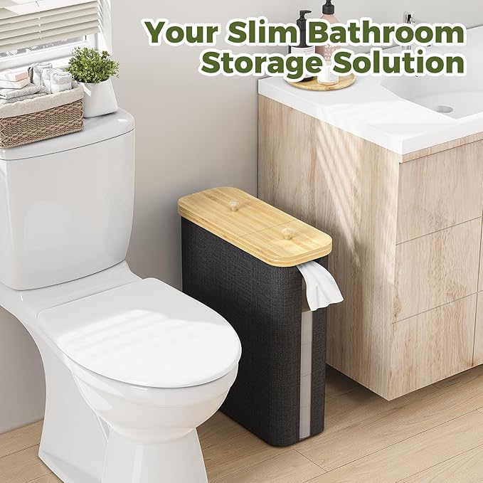 42L Toilet Paper Basket with Bamboo Lid, Toilet Paper Storage with Toilet Paper Holder & Non-Slip Mat for Bathroom Organizer, Holds up to 19 Regular Rolls or 14 Mega Rolls, Collapsible & Stackable