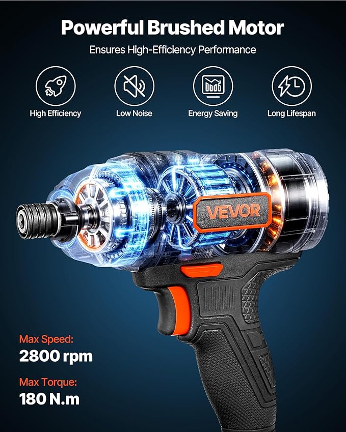 VEVOR Impact Driver, 1/4 Inch, 2800 RPM Max Speed, 20 V Powerful Motor, Electric Cordless Impact Driver Kit with Battery and Charger, 10 Bits, LED Work Light, for Furniture, Electrical, Home Repairs