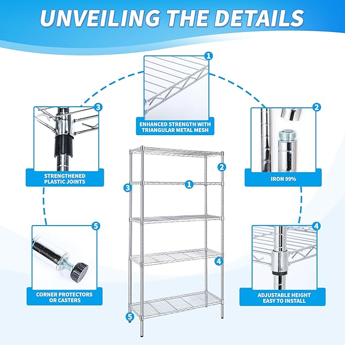 Simple Deluxe 5-Tier Storage Shelves, 35.83" W x 13.98" D x 71.7" H Wire Metal Shelving Unit, 1250 Lbs Loading Capacity, Chrome