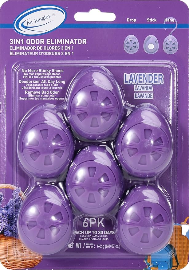 Air Jungles Shoe Deodorizer Balls 6 Ct, Lavender Scent, Odor Remover Balls for Sneakers, Gym Bags, Lockers, Closets, Hampers, and Drawers, Essential Oil Provides Natural Freshness