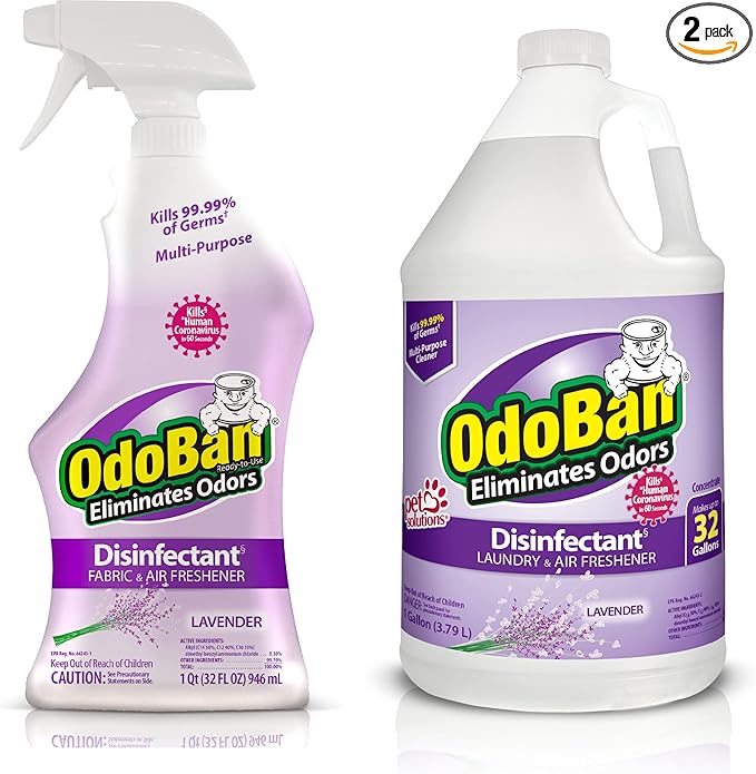 OdoBan Ready-to-Use Disinfectant and Odor Eliminator, Made in the USA, Lavender Scent, Set of 2, 32 oz Spray and 1 Gallon Concentrate