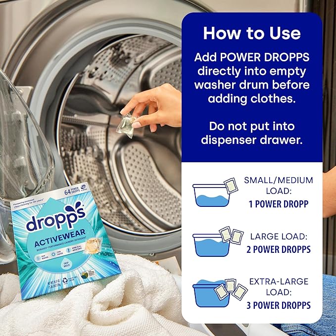 Dropps Activewear Laundry Detergent Pods, Rose Energy (64 Count) - Powerful Laundry Pods | Fights Sweat & Body Odors | For Synthetic Workout Clothes | Clean Ingredients | Plastic Free Packaging